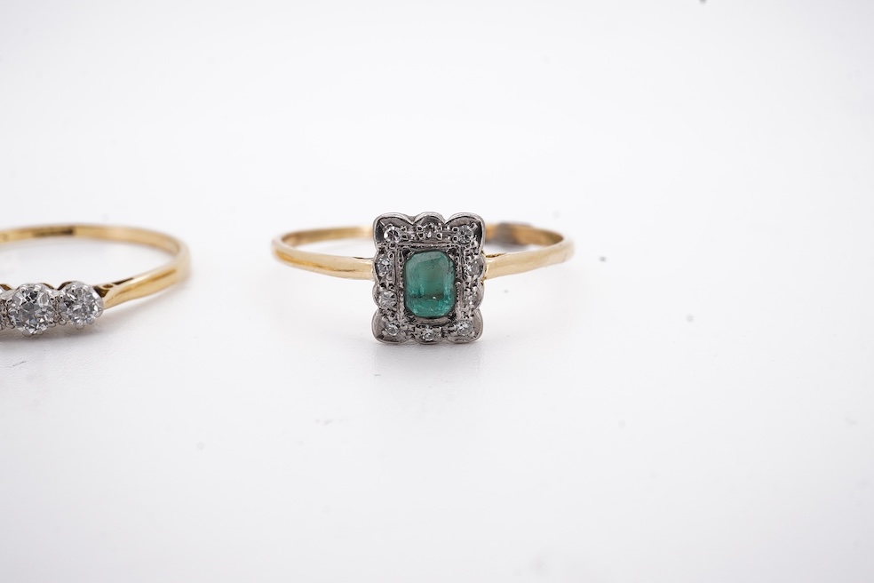 An 18ct and plat. five stone diamond set half hoop ring, size V together with a yellow metal emerald and diamond set tablet ring, size Z+++, gross weight 4.5 grams. Condition - fair